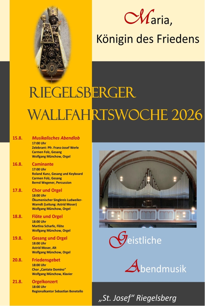 Das Plakat zeigt die Orgel, die schwarze Madonna und einen Plan des Abendlobs für jeden Tag
