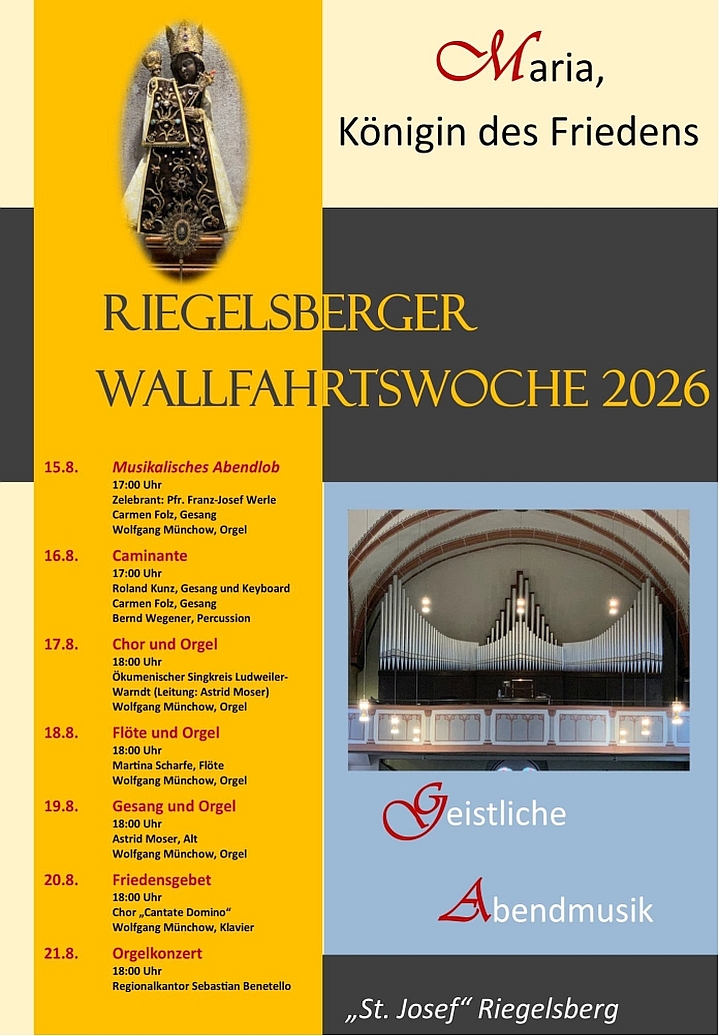 Das Plakat zeigt die Orgel, die schwarze Madonna und einen Plan des Abendlobs für jeden Tag