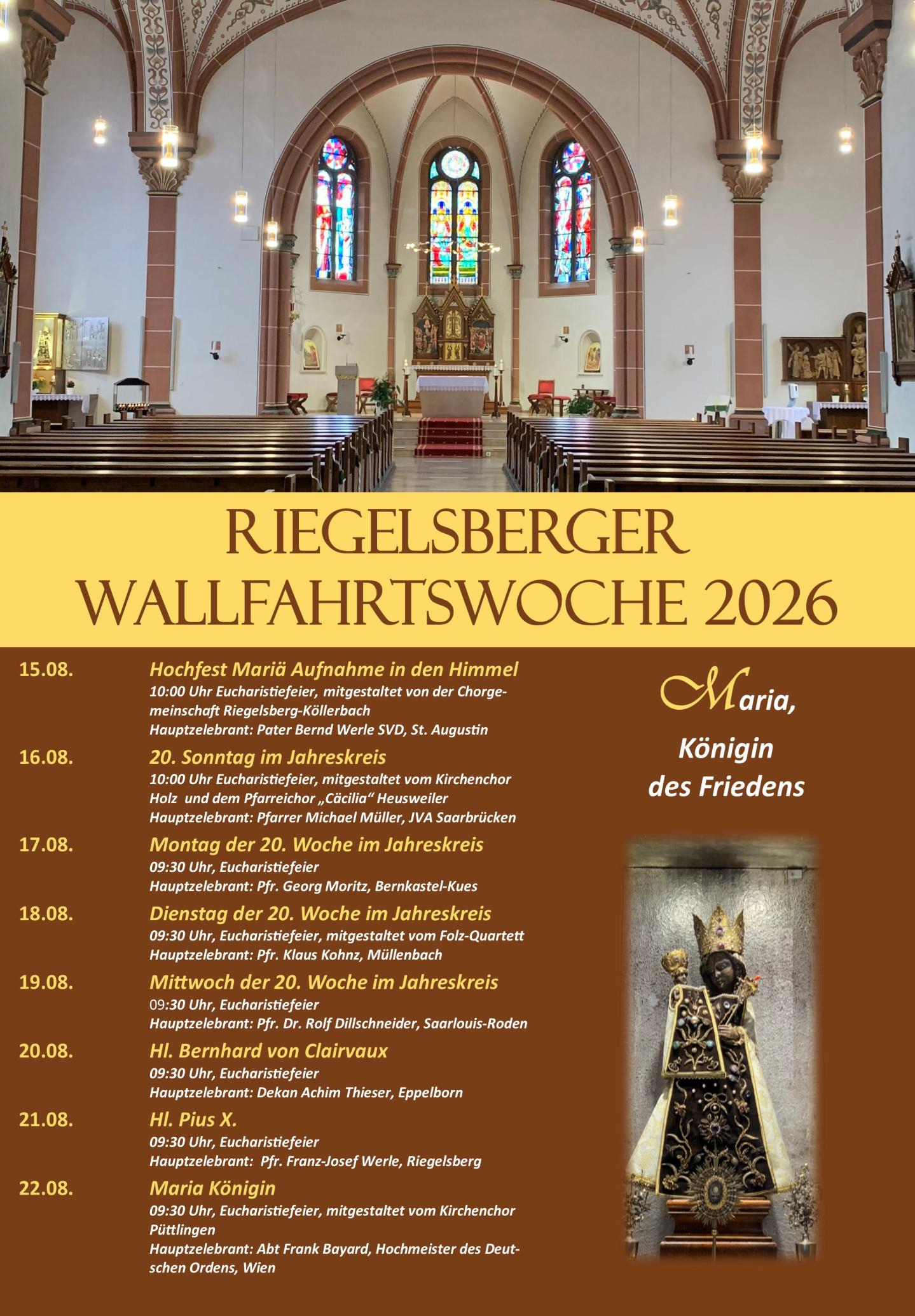 Das Plakat zeigt die Gottesdienste, den Chorraum der Kirche und die schwarze Madonna