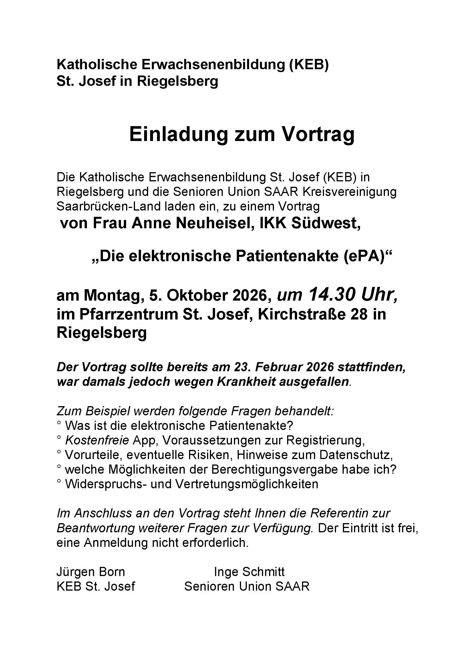 Einladung zu einem Vortrag über die elektronische Patientenakte