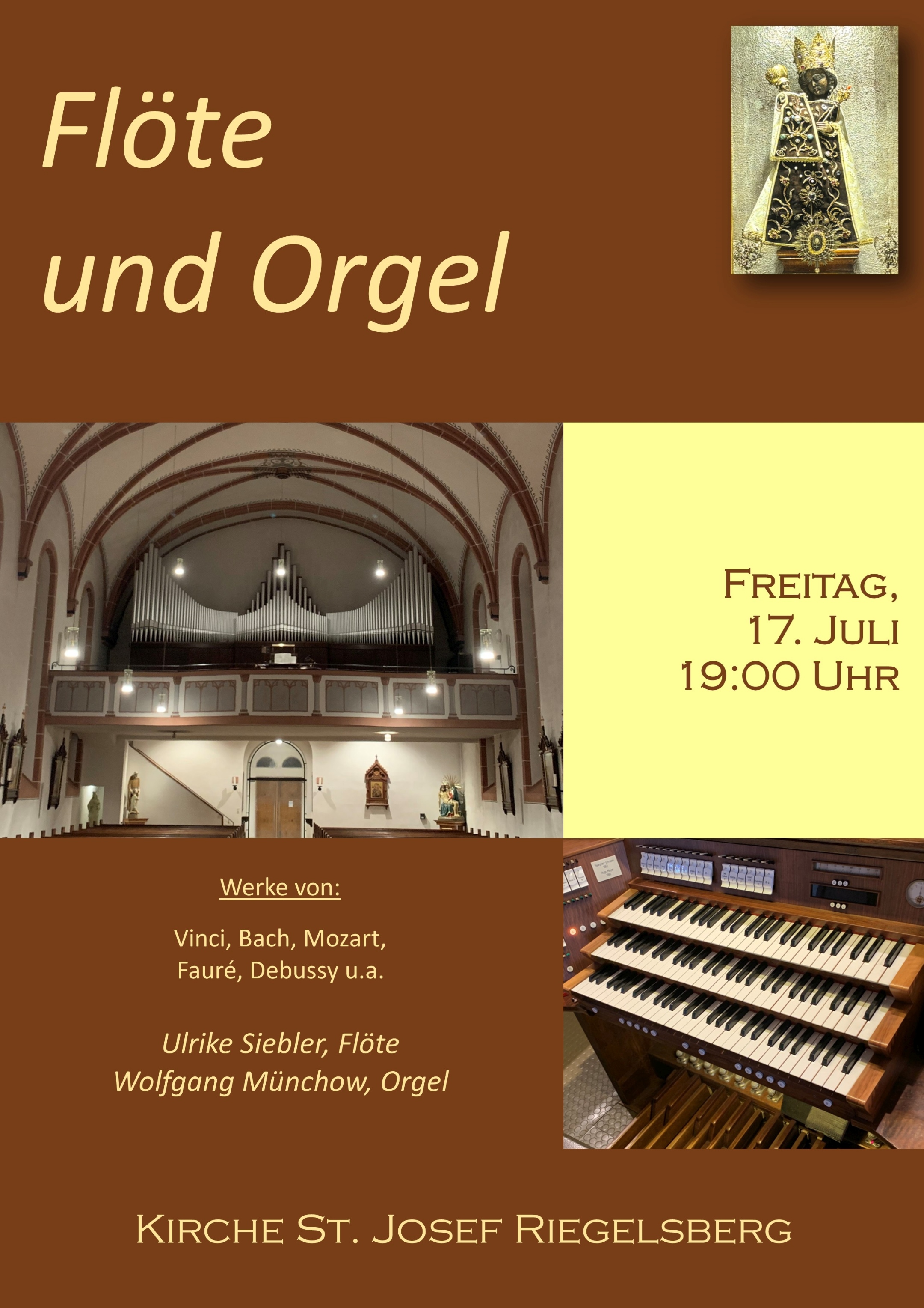 Plakat zum Konzert Flöte und Orgel, es zeigt die Orgel und den Spieltisch