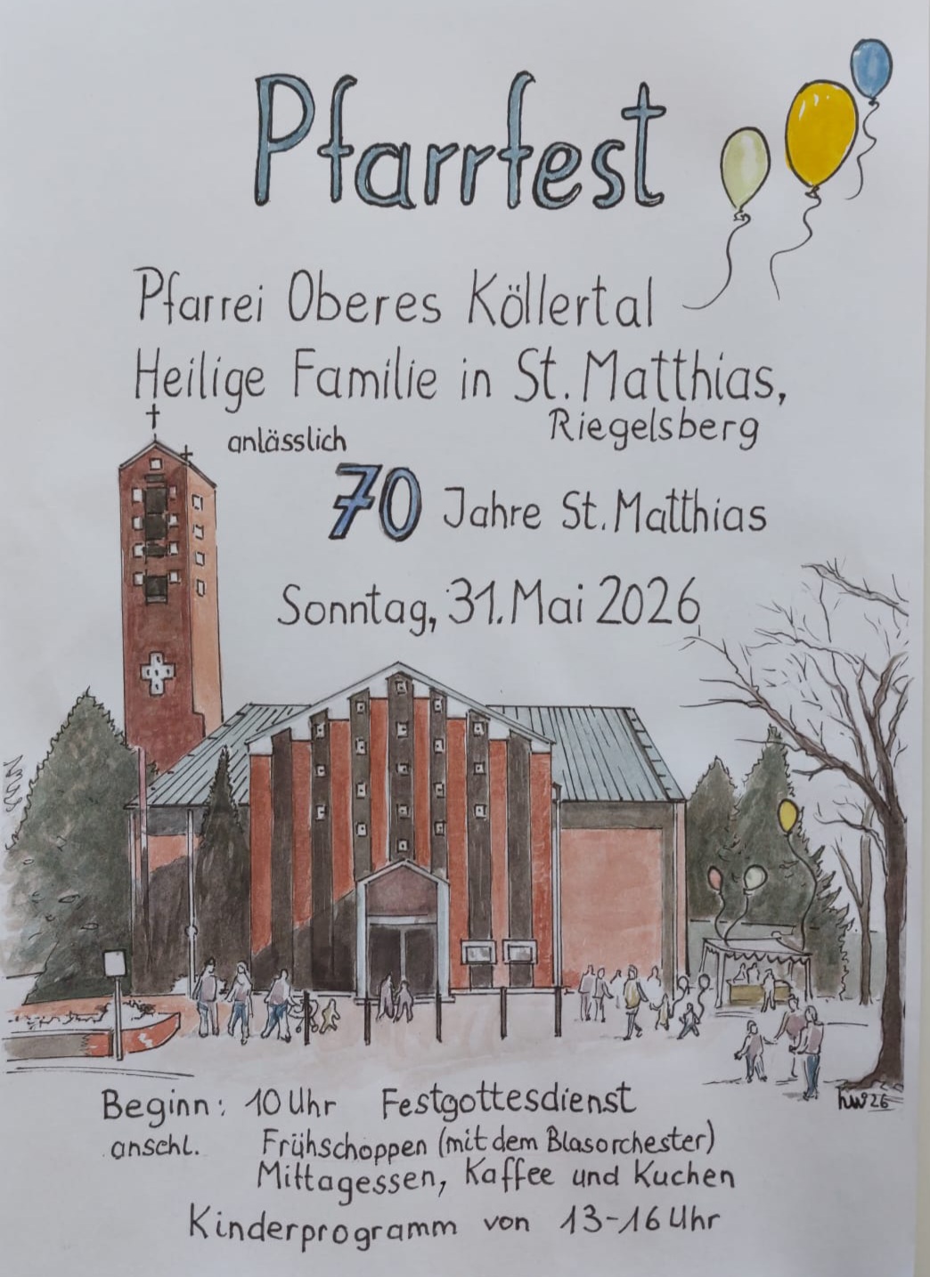 Die Kirche Matthias ist eine 'Backsteinkirche', Personen vor der Kirche