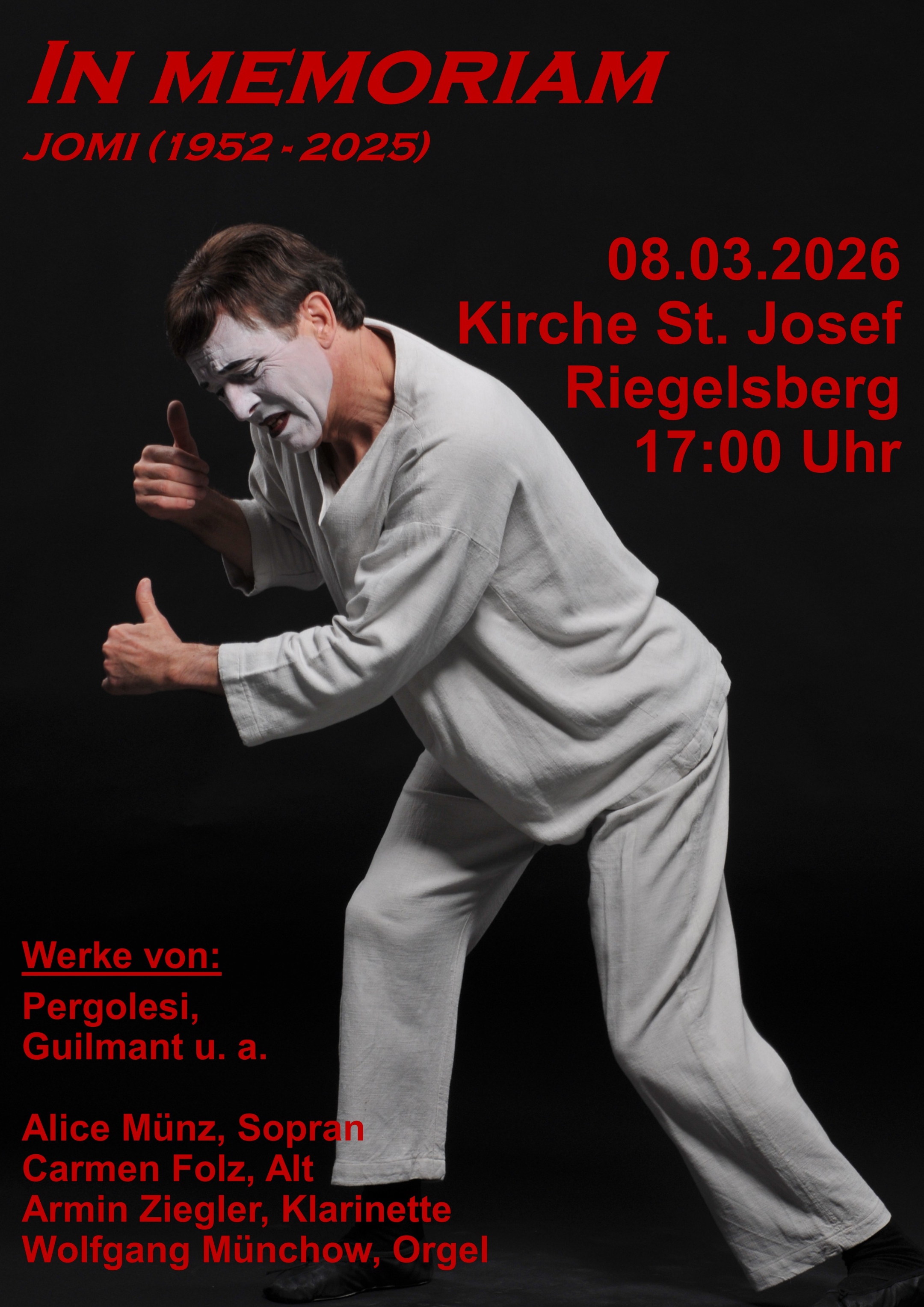 Das Plakat zeigt den Pantomimen Jomi