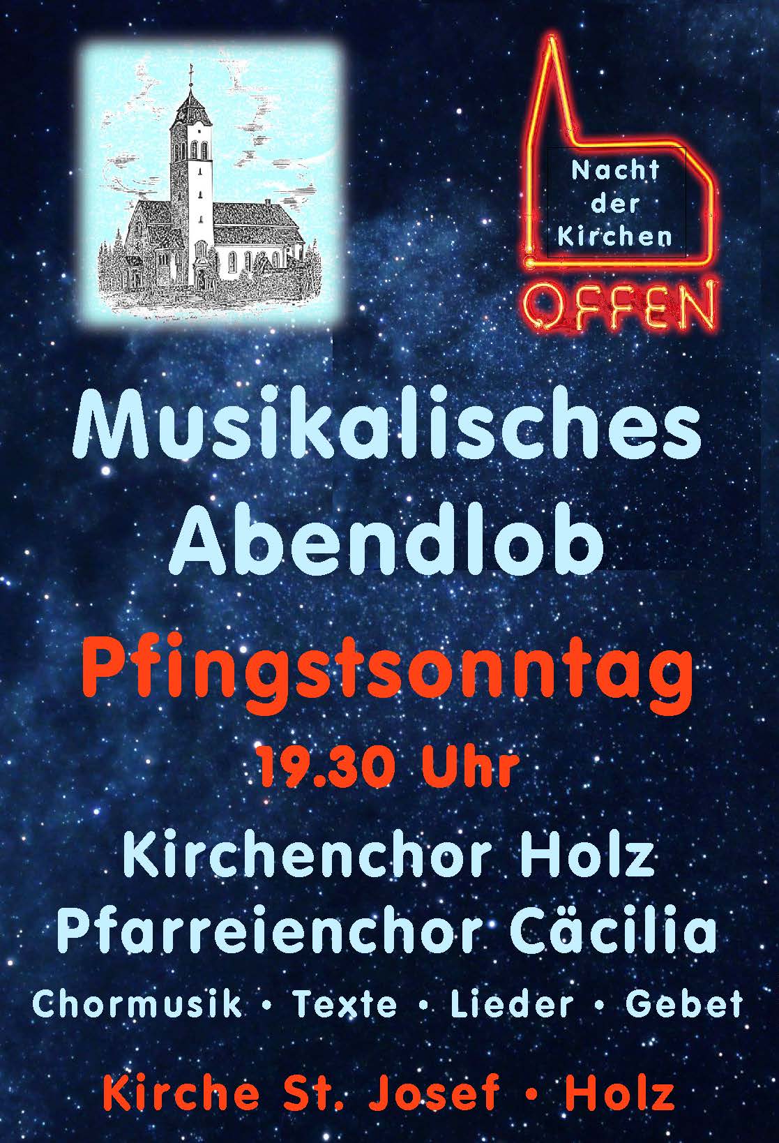 Das Plakat zeigt eine Zeichnung der Kirche in Holz. Einladung zur Nacht der offenen Kirche