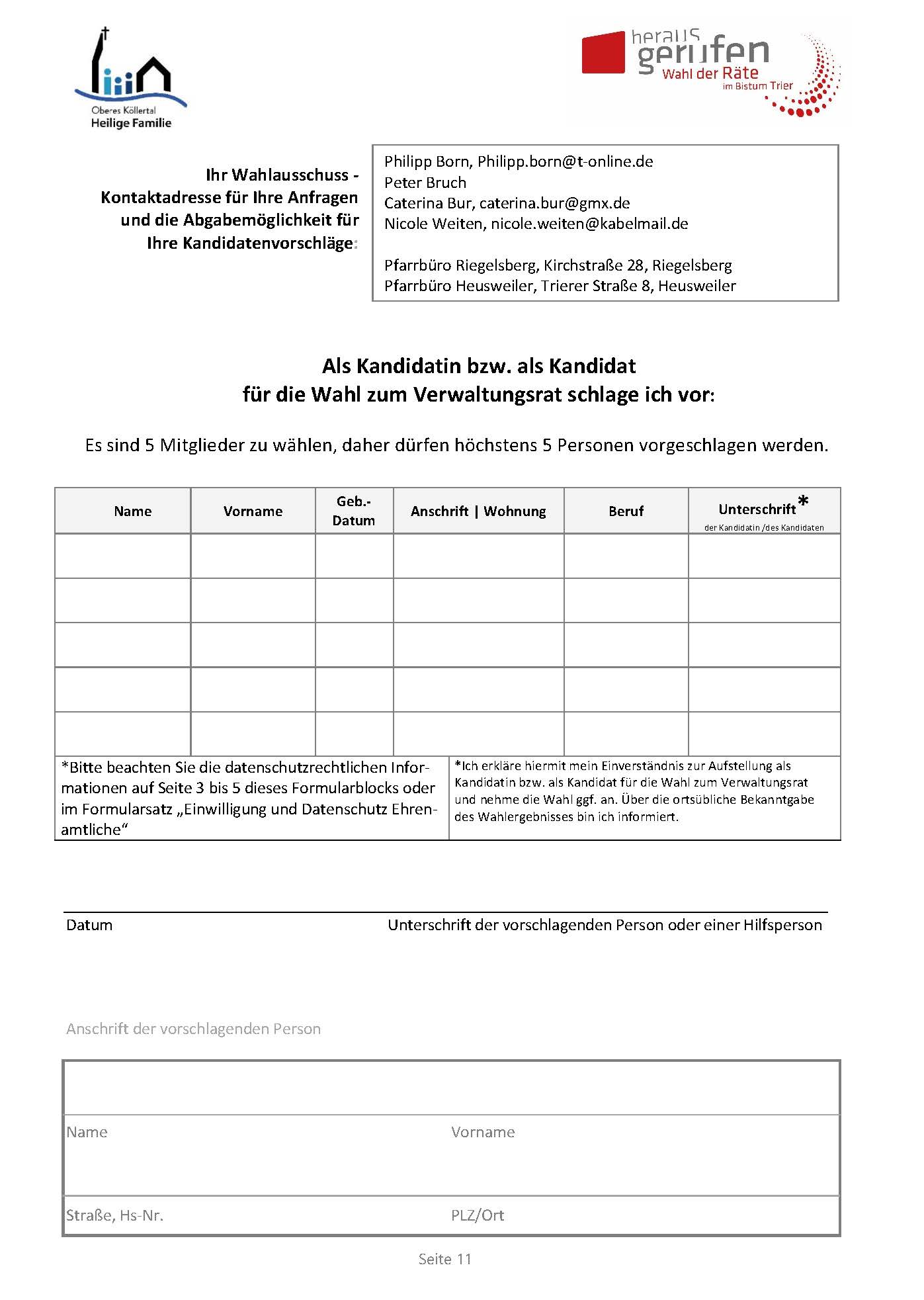 Formular zum Ausfüllen für den Kandidatenvorschlag