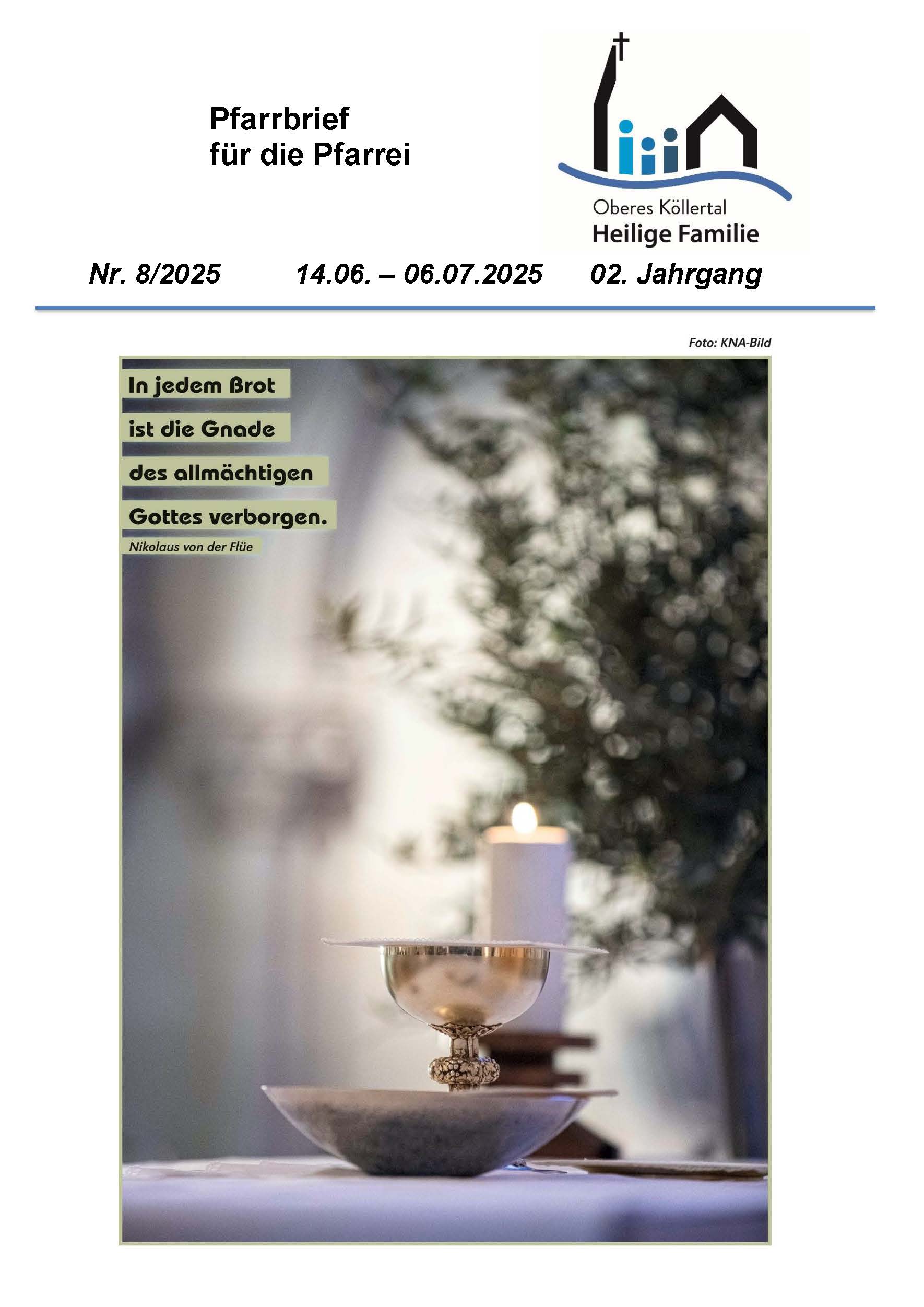 Titelseite des Pfarrbriefes zeigt einen Kelch, eine Hostienschale und eine Kerze