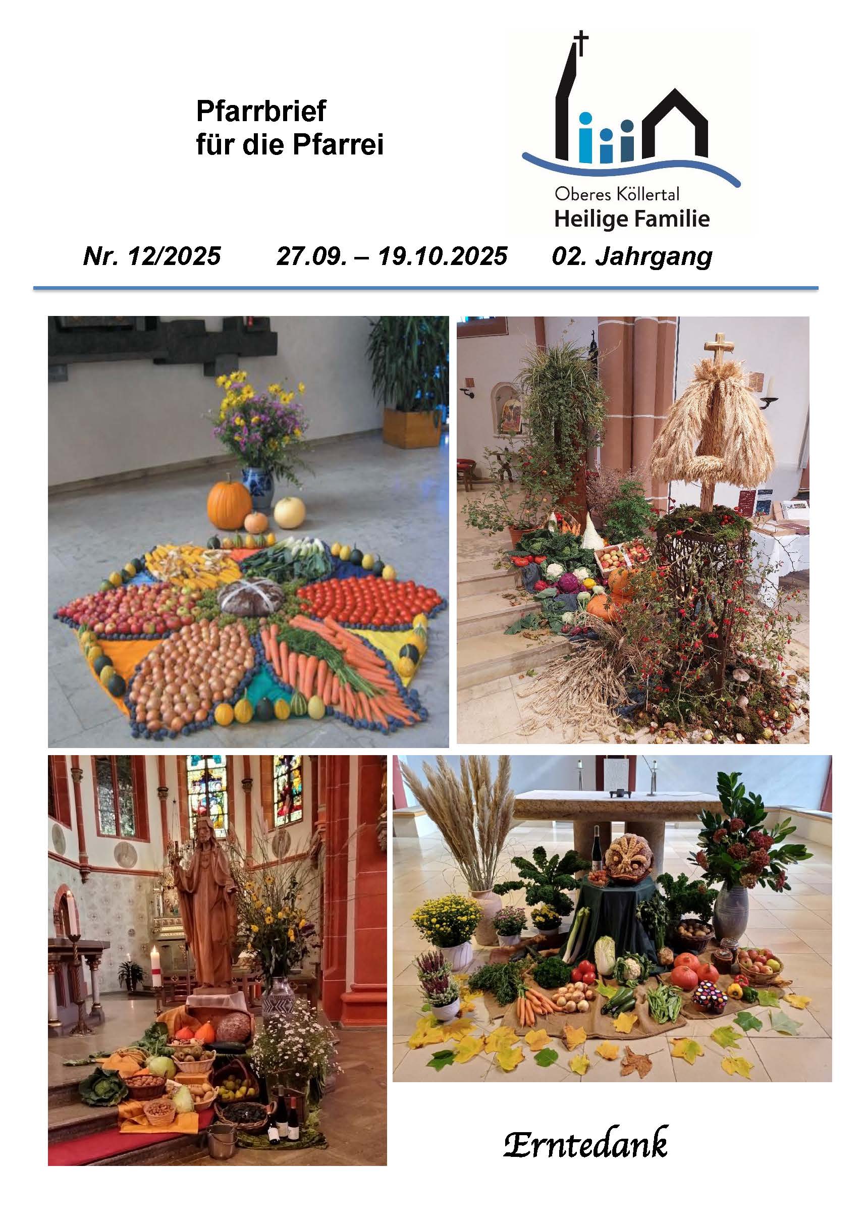 Die Titelseite des Pfarrbriefs zeigt Erntedankdekorationen aus den Kirchen unserer Pfarrgemeinde.