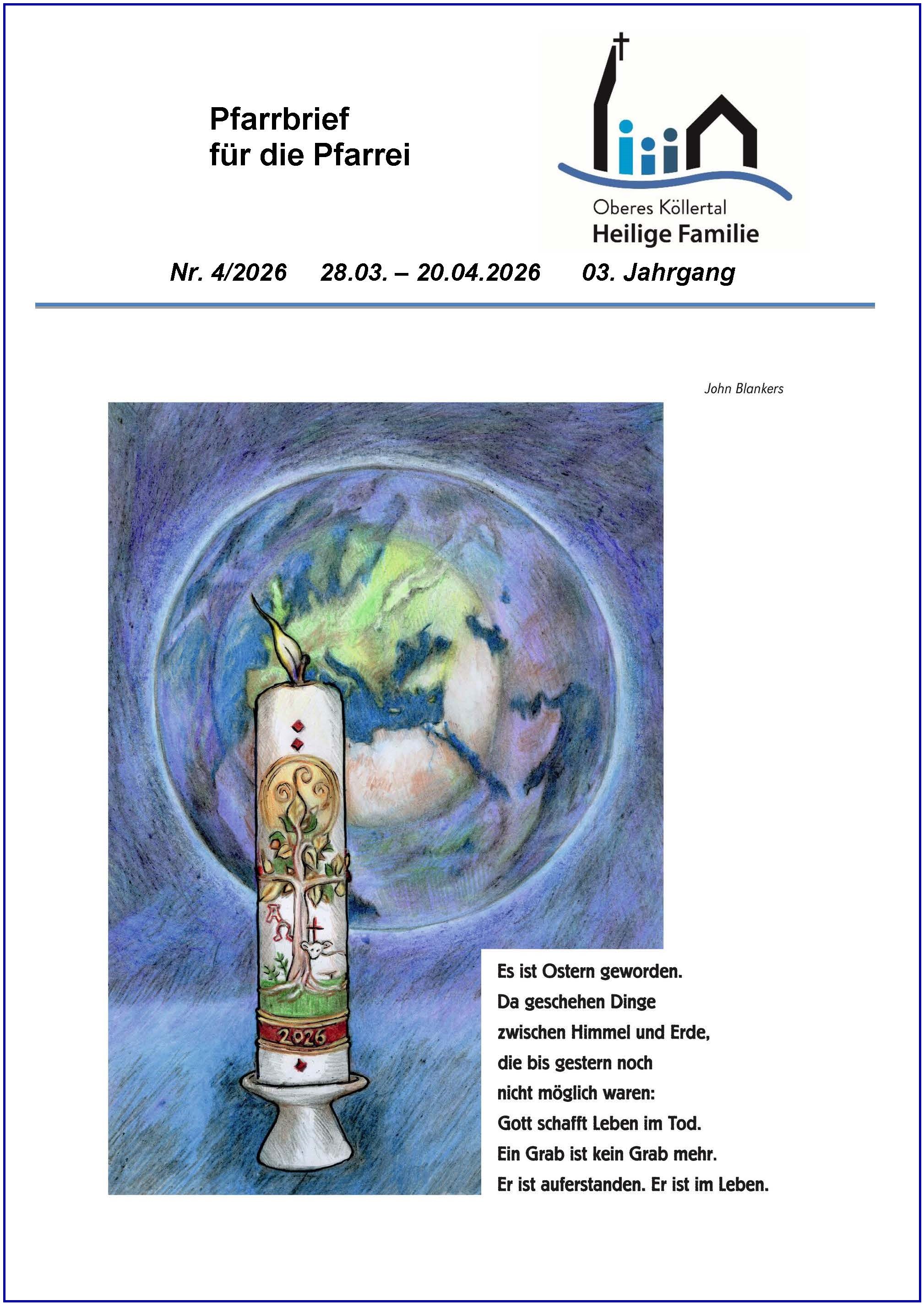 Titelseite des Pfarrbriefes zeigt eine verzierte Osterkerze und der stilisierte Blick auf ein leeres Grab