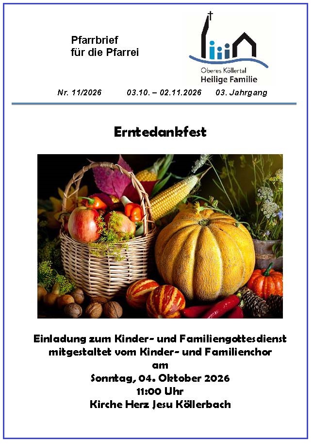 Die Titelseite des Pfarrbriefes zeigt einen Obst- und Gemüsekorb, daneben Kürbisse und Nüsse