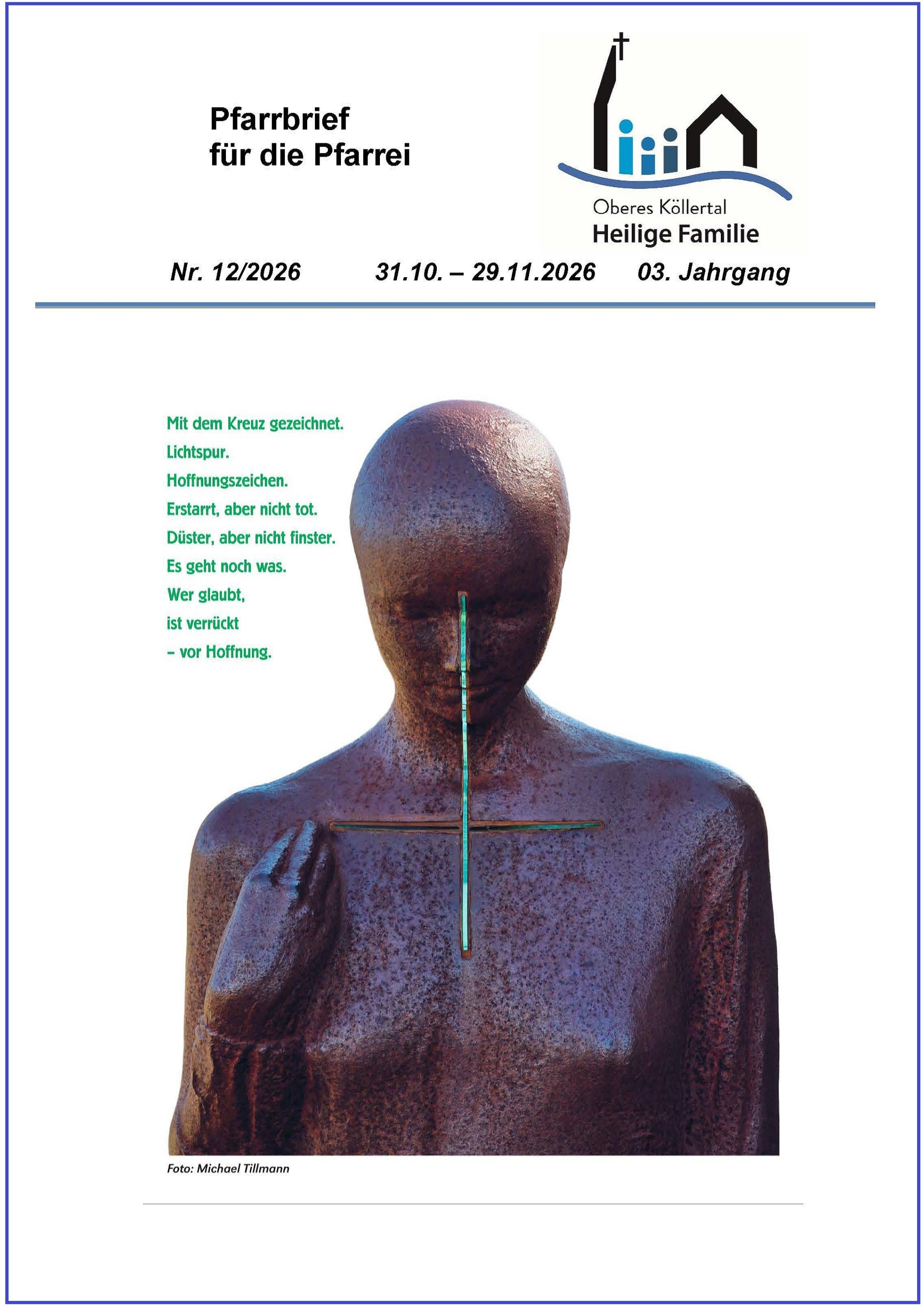 Die Titelseite zeigt eine Bronzefigur, die Kreuzzeichen macht, das Kreuz ist eine Lichtspur