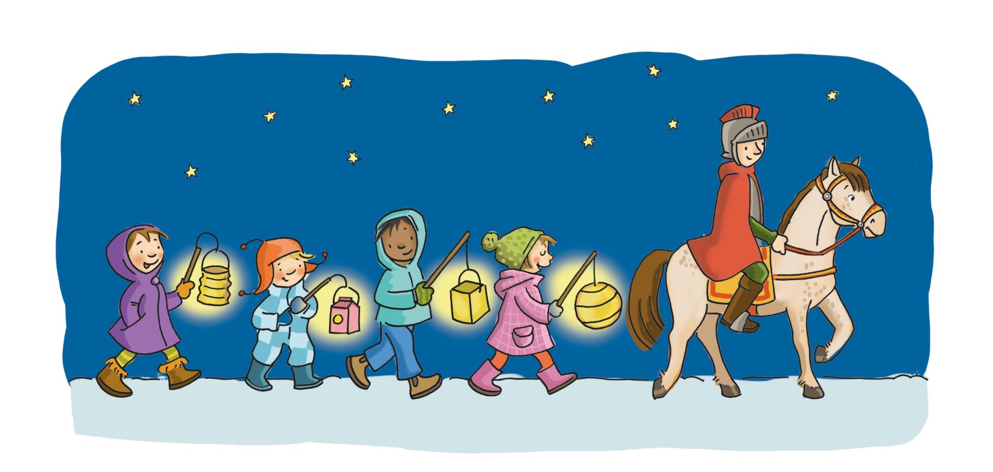 Zeichnung Martin auf dem Pferd und Kinder folgen mit ihrer Laterne