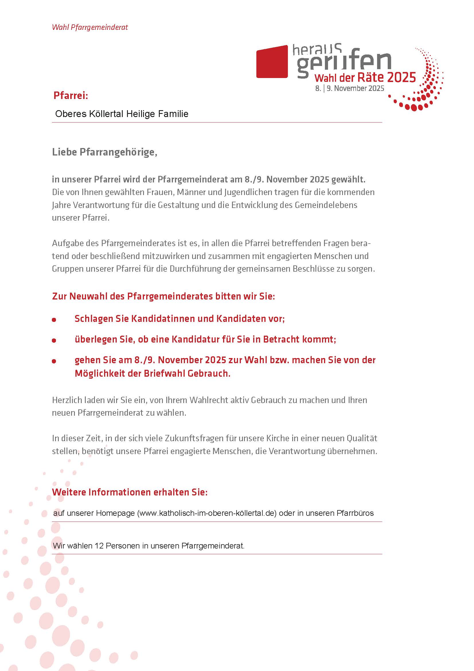 Aufgaben des Pfarrgemeinderates, Termine